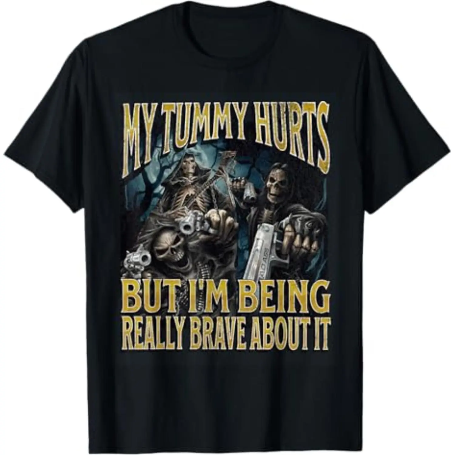 Men's Casual Short-Sleeve Round/Crew Neck Graphic T-Shirt - Funny Hard Skeleton "My Tummy Hurts" Meme, Cartoon, Striped Print, Boho Vibe, Multi-Size All-Season Menswear, Round Neck