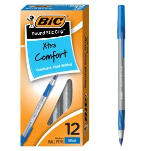 BIC Round Stic Grip Xtra Comfort Blue Ballpoint Pens, Medium Point (1.2mm), 12-Count Pack, Excellent Writing Pens with Soft Grip for Superb Comfort and Control