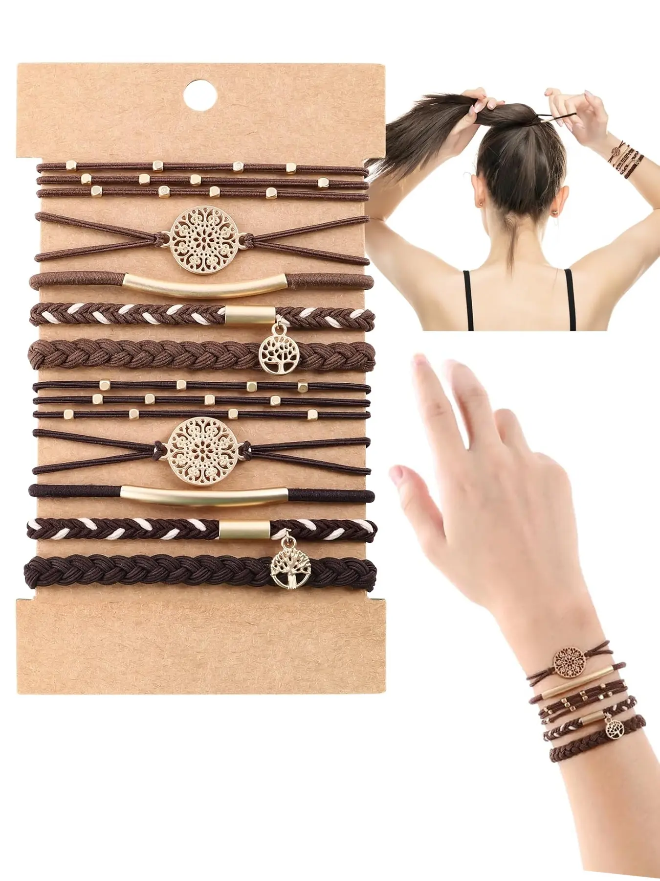 10-Piece Boho Metal Hair Tie Bracelet Set, Hair Bands, Bohemian Flair, All-Season Stylish Accessories, Durable Fabric & Versatile Design for Everyday Wear, Tree Motif, Bracelet Hair Ties, Hairbands, Fashionable Hair Accessories