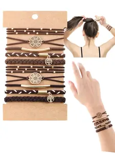 10-Piece Boho Metal Hair Tie Bracelet Set, Hair Bands, Bohemian Flair, All-Season Stylish Accessories, Durable Fabric & Versatile Design for Everyday Wear, Tree Motif