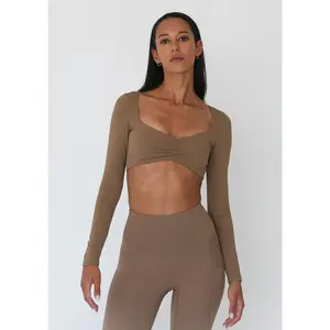 Long Sleeve Crop Top in Tan