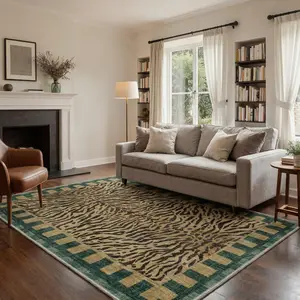 Washable Area Rug with Non Slip Backing, Low Pile Lightweight Print Pattern Rug for Living Room Bedroom Dining Room, Tiger Stripe Natural Bionic Style, Moss Bronze