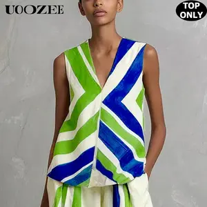 UOOZEE Women's Colorful Green & Blue Geometric Chevron Print Sleeveless V-Neck Tank Top - 100% Polyester Comfortable Non-Stretch Lightweight Breathable Loose Fit Women's Clothes for Casual Summer Workwear, Evening Style