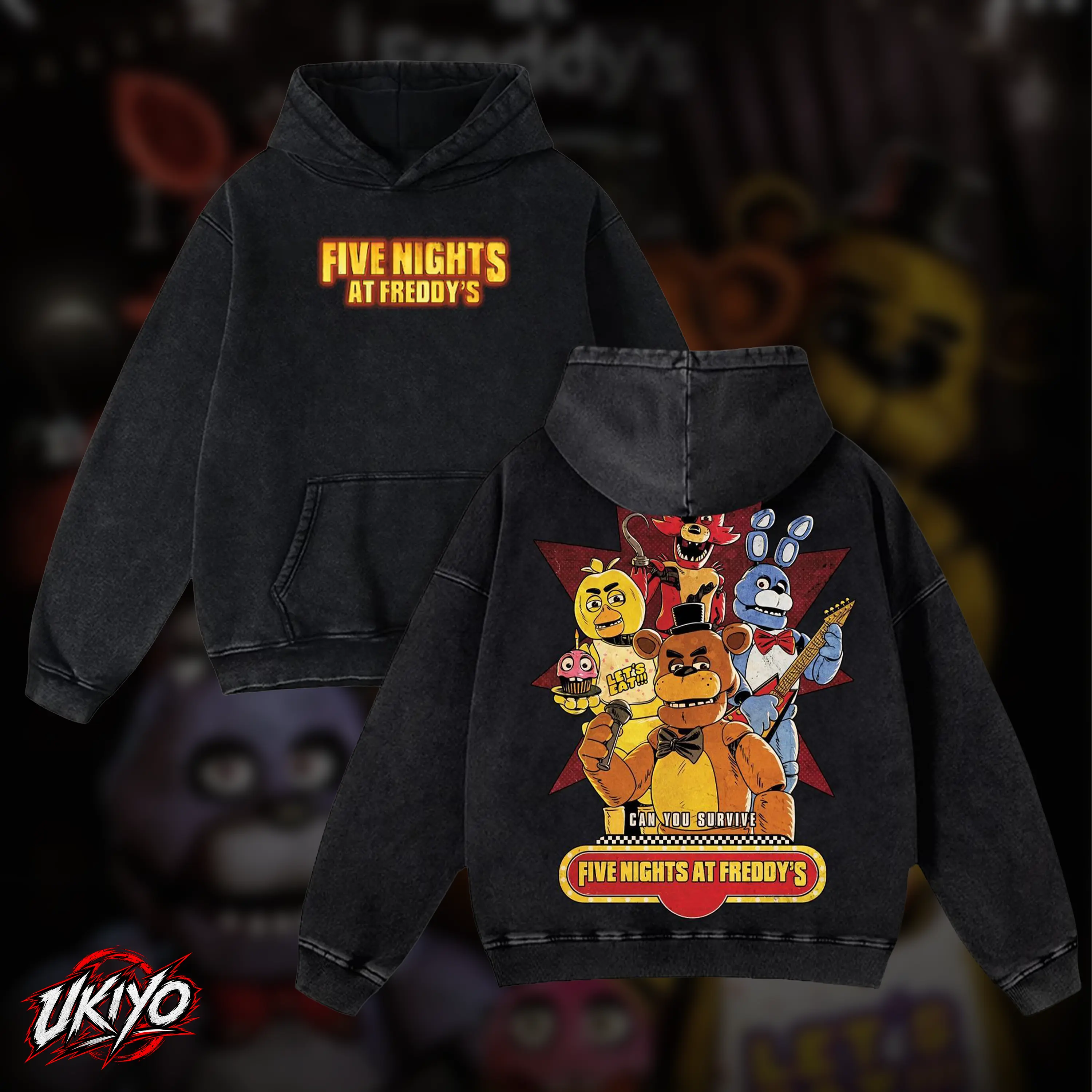 Men's 5 Nights at Freddy's Washed Graphic Hoodie - Vintage Cotton Horror Game Casual Streetwear Sweatshirt, Gamer Gift for Game Fans