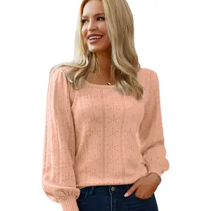 Women's Sweaters Spring 2025 Trendy Puff Sleeve Tops Casual Knit Square Neck Cute Tunic Pullover Blouses Shirts Size Runs Smal