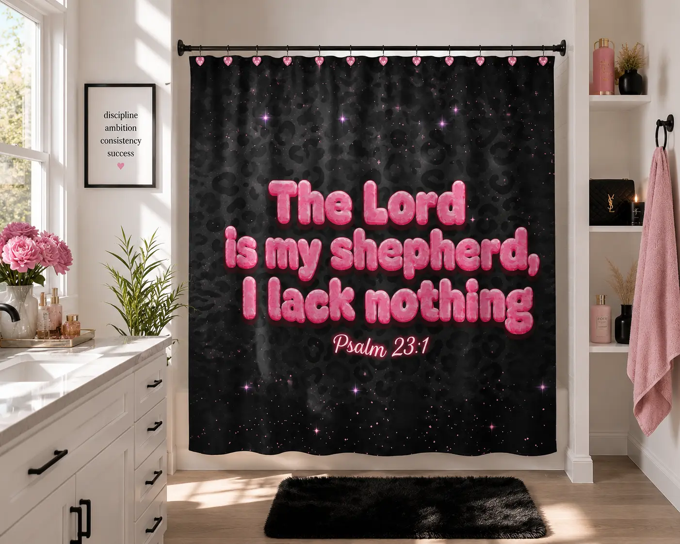 The Lord Is My Shepherd Pink Leopard Shower Curtain “ Psalm 23:1"