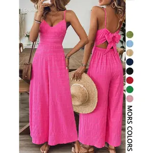 Women's Plain Bow Decor Jumpsuit, 1 Count Casual Sleeveless Cami Jumpsuit for Daily Wear, Ladies Clothes for All Seasons