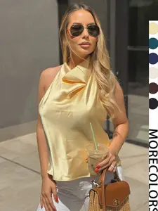 Women Fashion Halter Neck Satin Tops Sexy Backless Slim Loose Party Vest Top Summer Holidays Vacation Trend Lady Y2k Tops