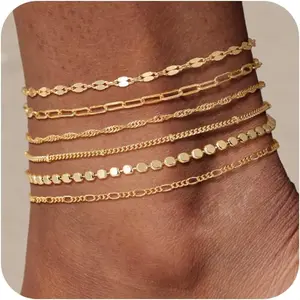 TEWIKY Waterproof Ankle Bracelets For Women 6PCS Thiny Herringbone Box Paperclip Bead Figaro Cuban Link Anklet Set Dainty Jewelry For Women Cute Summer Beach Jewelry Chains Beaded anklet
