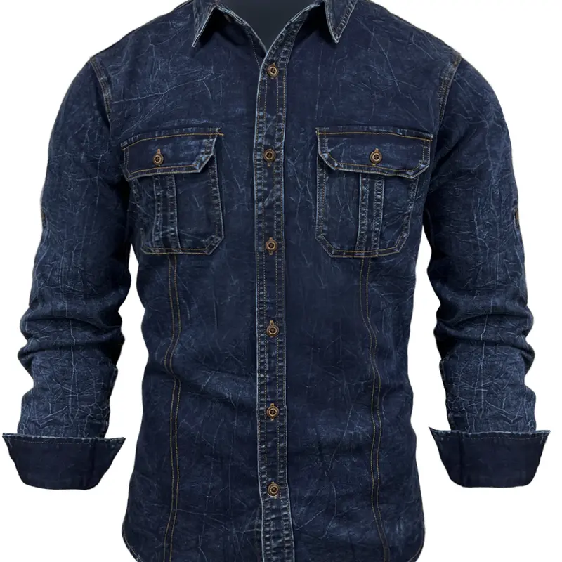 Men's Fitted Distressed Water-Washed Denim Workwear Shirt - Mens Casual Style Wardrobe Staples, Slim Fit Long Sleeve, Front Button Closure, Machine Washable, Beige, Size M