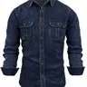 Men's Fitted Distressed Water-Washed Denim Workwear Shirt - Mens Casual Style Wardrobe Staples, Slim Fit Long Sleeve, Front Button Closure, Machine Washable, Beige, Size M