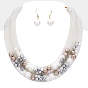 Double Mesh Tube Pearl Collar Necklace