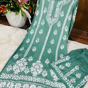 Lucknowi Chikankari Premium Heavy Designer Modal Palazzo 3pcs Set Floral Elegance Traditional Craftsmanship Womenswear Clothes 46 Inches Special Events Dry Clean