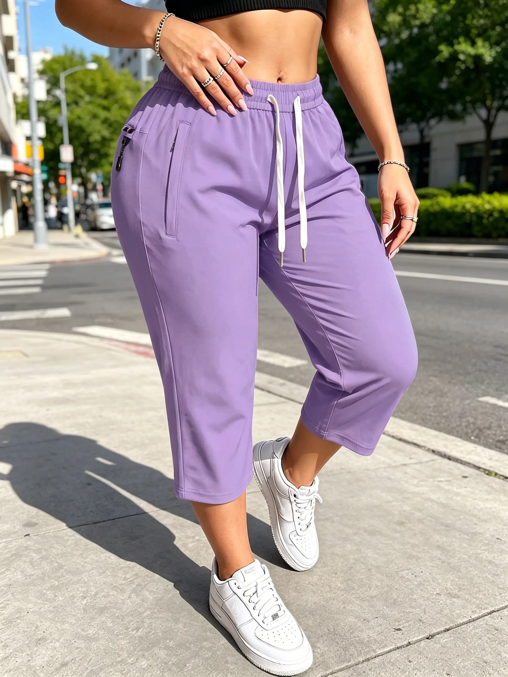 High-Stretch Ice Silk Capri Pants for Women Quick-Dry Lightweight 7/8 Jogger Pants with 3 Zipper Pockets, Elastic Waist Athletic Casual Trousers for Running, Gym & Everyday Wear Womenswear Athleisure Style Bottoms