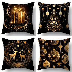 Festive Christmas pillowcase: 4pcs, black and Golden print, soft fabric, hand washable only, modern style, zipper open and close, suitable for living room decoration,  Stylish Christmas Pillows, Contemporary Holiday Decor, Premium Fabric Covers