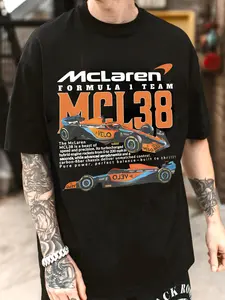 Men's McLaren Formula 1 Team Print Round Neck Tee, Regular Fit Casual Short Sleeve T-shirt for Daily Wear, Men's Top for All Seasons, Tropical