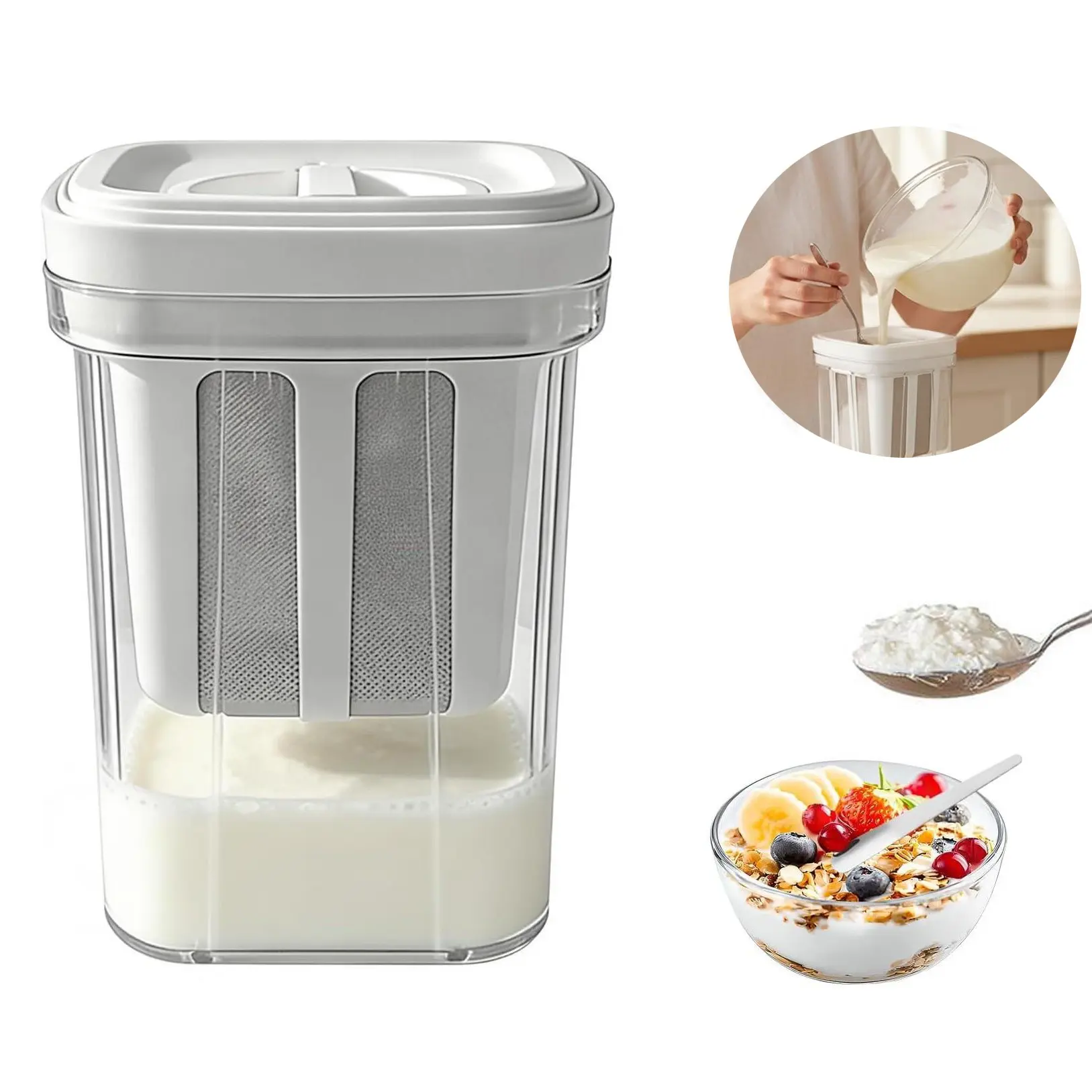 Greek Yogurt Filter with Mesh Bag, Kitchen Strainer, Food Strainer, Kitchen Gadgets, BPA-Free PP Material, Ideal for Separating Whey, Making Kefir, Tofu, Cheese, Strainers for Kitchen, 1300/2000ML Capacity