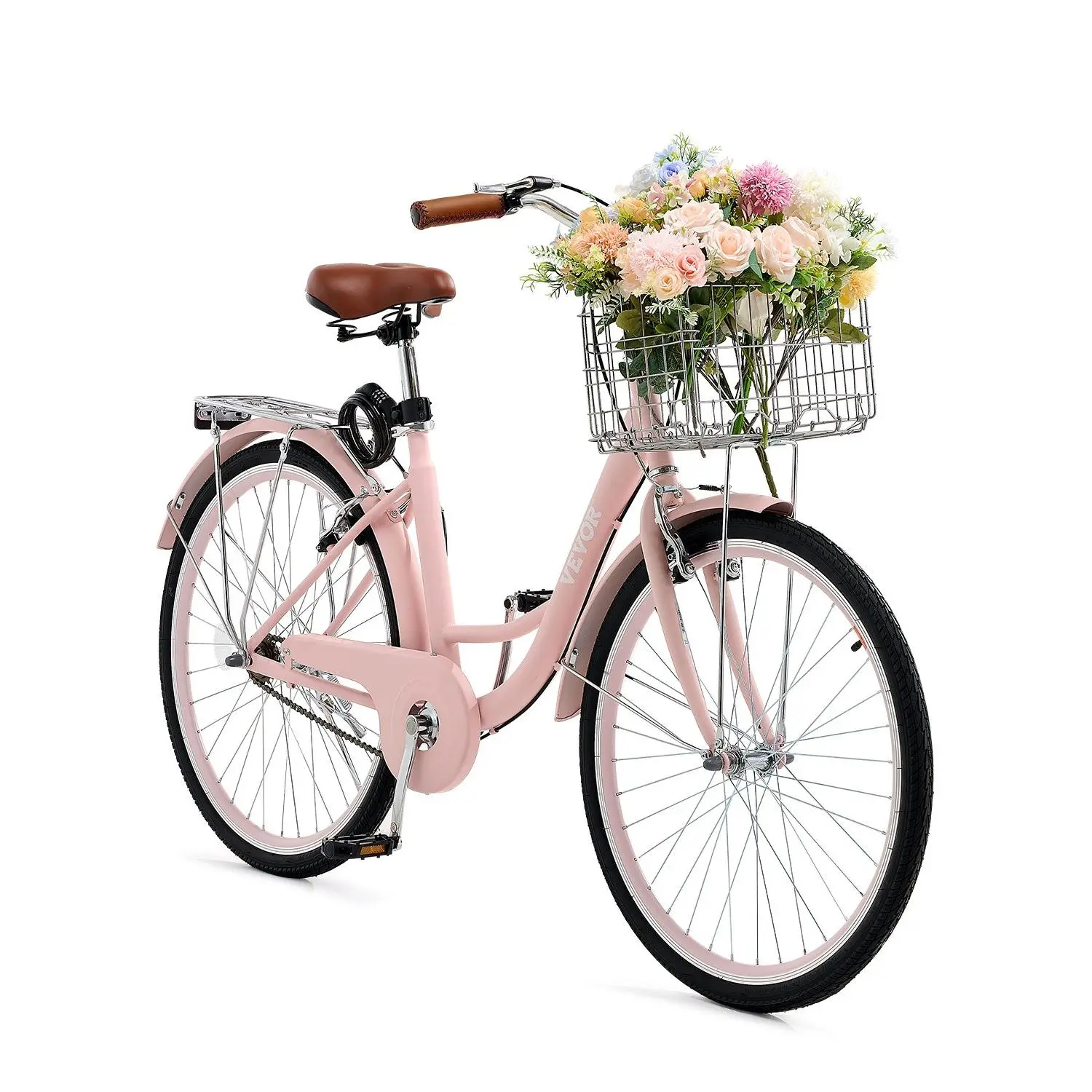 【DealsForYouDays】【DealsForYouDays】 VEVOR Cruiser Bike, 1-Speed, 26-Inch Pink Beach Cruiser Bike with Large Capacity Basket and Rear Rack, Secure Sturdy Cruiser Bike with Adjustable Seat, Fits for Cycling, Exercise Shopping City Bike Framedealsforyoudays