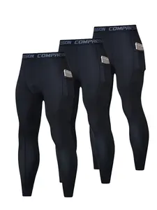 3 Pack Men's Compression Pants with Phone Pocket, Running Basketball Athletic Leggings with Pockets, Quick Drying & Breathable Sports Base Layer Tights, Workout Tights, Activewear Bottoms, Athletic Sportswear, Activewear For Fitness