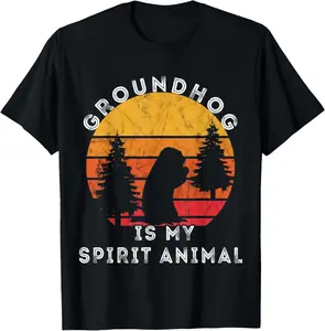 100% Cotton Groundhog Spirit Animal Marmot Rodent Retro Vintage Sunset T-Shirt