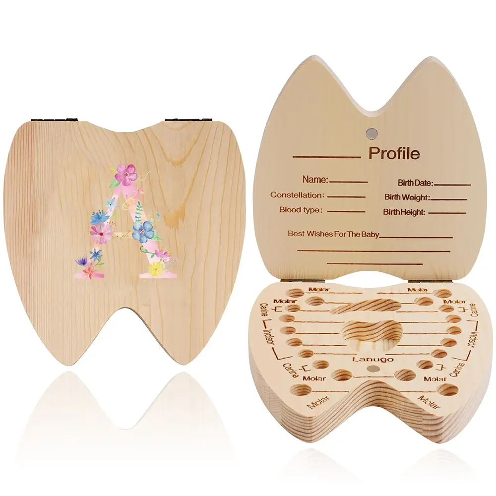 Wooden Baby Tooth Box, 1 Count Kids Milk Teeth Organizer, Newborn Memory Box, Pink A-Z Letter Pattern, Ideal Gift for New Parents & Baby Shower, Nursery Room Decor