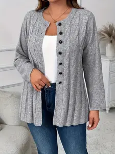 Plus Size Women's Solid Color Basic Long Sleeve Button Front Knitted Cardigan Lady, Casual Fitted Knitwear for Fall & Winter, Comfortable Moderate Fabric