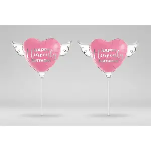 Happy Heavenly Birthday Memorial Balloon on a Stick – 8" Pink Silver Script 2-Pack with Angel Wings
