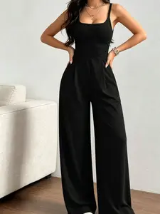 'Casual Wide Leg Fitted Solid Jumpsuit Set' Backless Spaghetti Strap Onesie / 2026 Summer Viral Fashion Chic Romper / Y2K Aesthetic High Waist Jumpsuit / Versatile Streetwear Overall Women