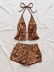 Women's 2-Piece Matching Chic Glitter Sequin Halter Neck Set - Lightweight, Breathable Halter Top & Shorts for Summer Beach, Casual, Party Outfits
