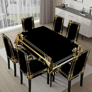 5/7-piece 2D Flat Printing Black and Gold Floral Border Printing Pattern Tablecloth and Chair Covers Set, for dining table and chair decoration, perfect for home, holiday gatherings, restaurants, and parties.