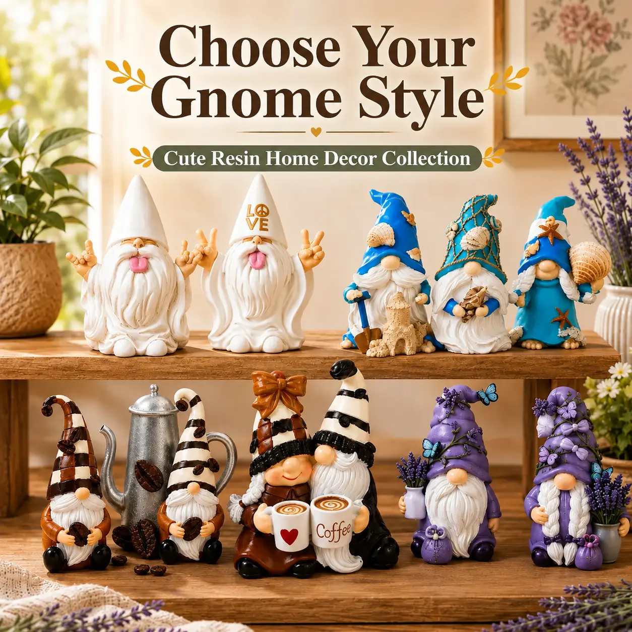 6-Themed Resin Gnome Figurine Set - Artificial Resin Statues with Rock, Love and Peace Theme, Ocean, Coffee Couple, Lavender Designs - Durable Home Decor Gift for Shelf, Floor, Garden Display