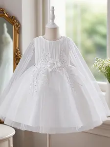 Little girl long-sleeved dress charming princess wedding flower girl dress cute tulle skirt performance dress suitable for birthday party use