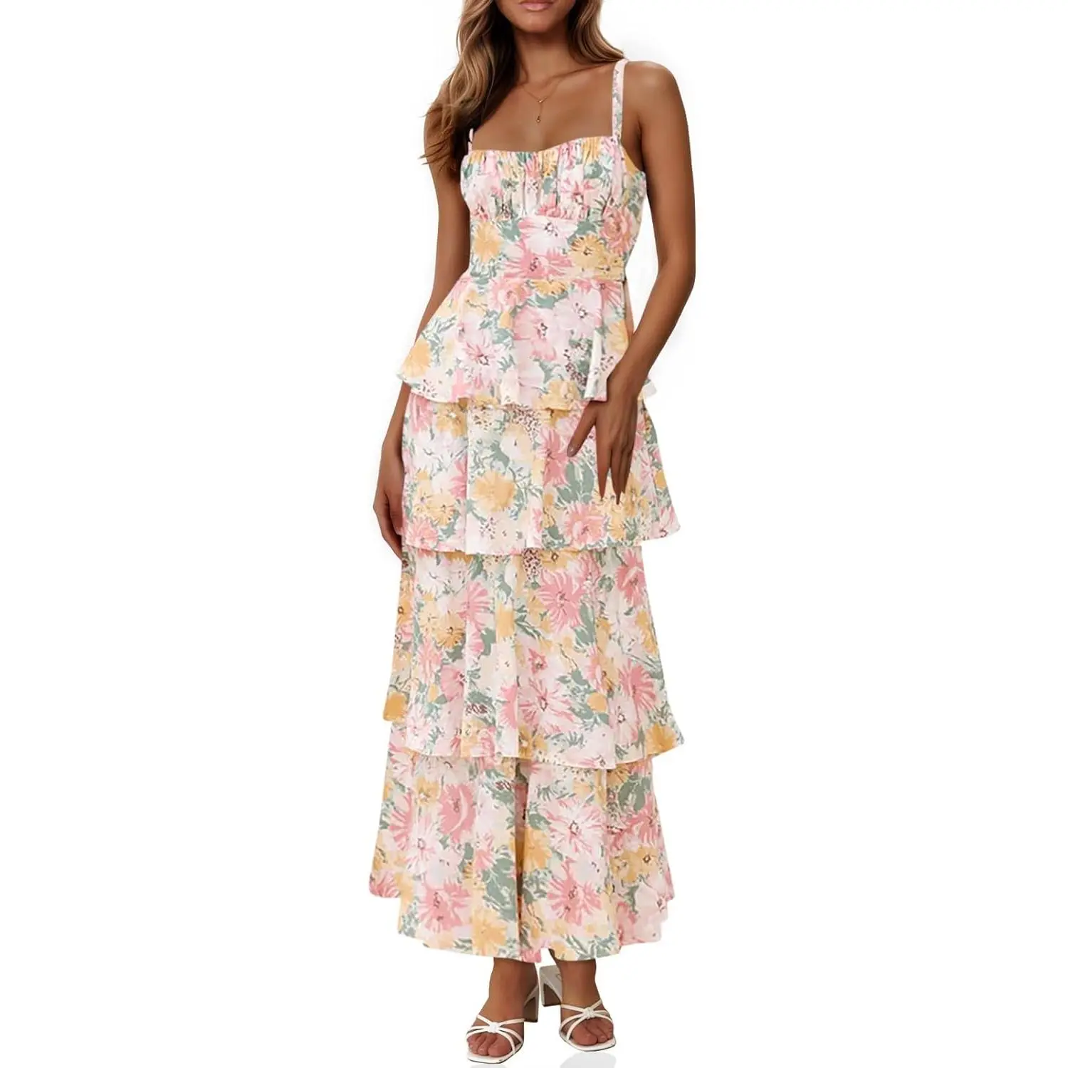 Wenrine Womens Summer Floral Maxi Dresses Sleeveless Spaghetti Strap Tie Back Ruffle Tiered Flowy Dresses