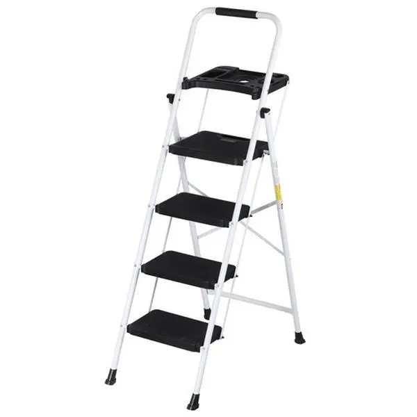 4 Step Ladder Folding Steel Ladder with Non-Slip Wide Pedal and Tool Tray White,summerwins