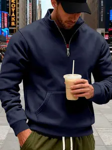 Men's Half-Zip Stand Collar Sweatshirt with Pocket, Casual Loose Fit Jacket, Fall Winter Outerwear, Daily Wear Essential