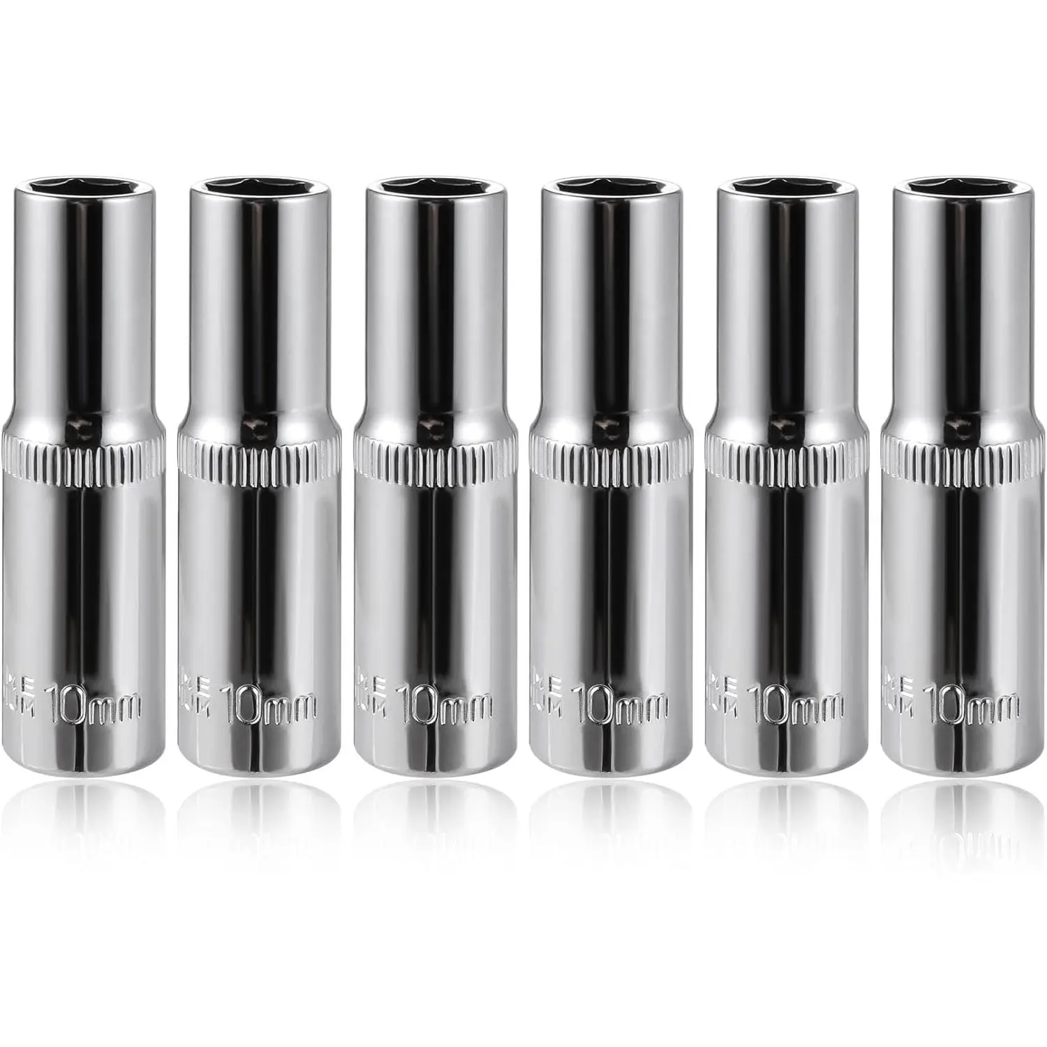 6pc 10mm Deep 6-Point Sockets, 3/8-Inch Drive Mechanic Tools for Mechanics - Industrial-Strength Chrome Vanadium Steel, Knurled Grip, Etched Marks, Stamped Labels, Wavedrive, Fits Snap-on/Craftsman, for Auto Repair, DIY Projects
