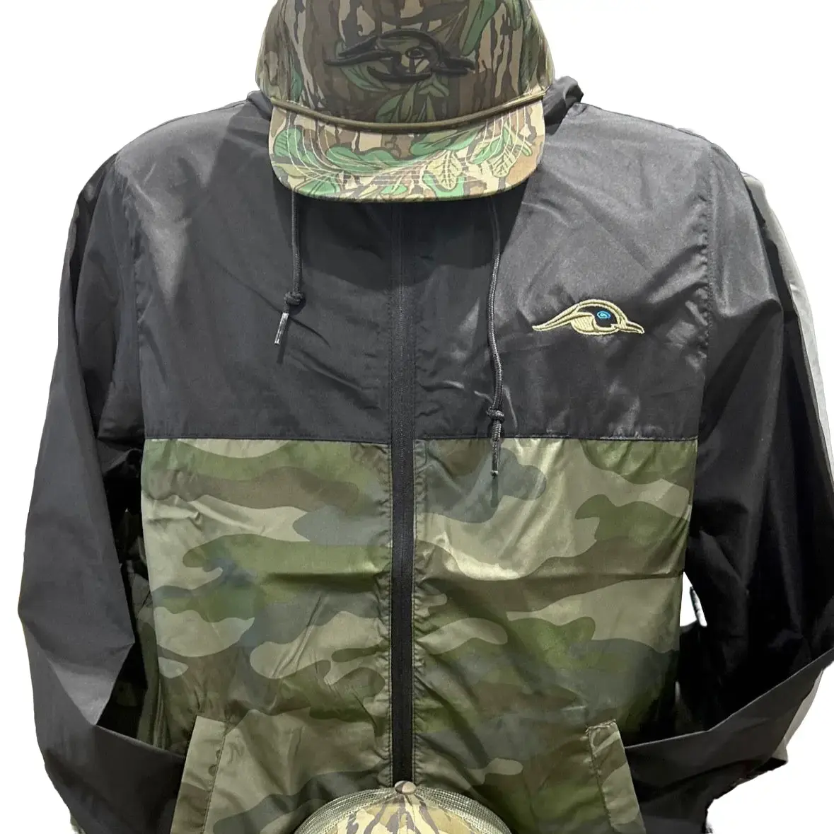 Men's American Flyway Waterfowl Camo Print Windbreaker Jacket - 82 gm Polyester, Lightweight, Waterproof, Mesh Lined, Scuba Mock Neck, Foldable, Packable for Outdoor Sports, All-Season Activewear