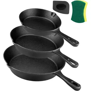 Cast Iron Skillet Set -3  6 inch, 8 inch and 10 inch Cast Iron Pan, with Scraper+Dish Sponge - Oven Grill Stovetop Safe Cookware - Black