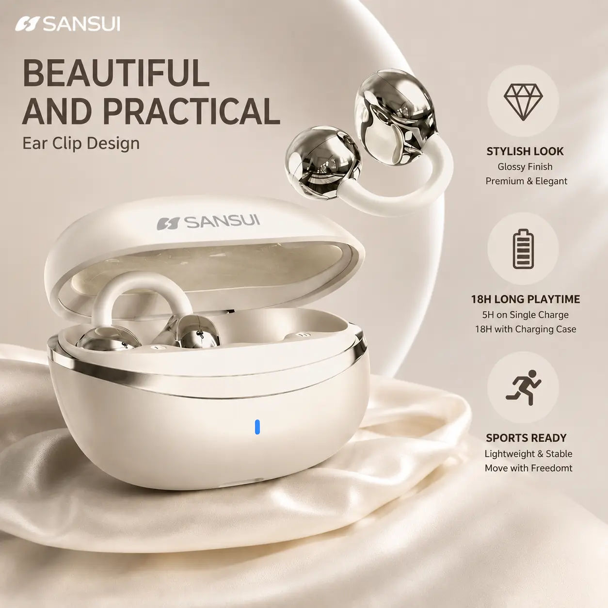 SANSUI Ear-Clip Open-Ear Wireless Earbuds, Bluetooth 5.3 Earbuds with ENC Dual Mic Noise Cancelling, 18H Playtime, Comfortable & Lightweight for Sports, Running, Cycling, Daily Use