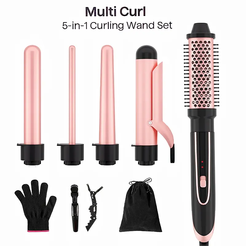 Heikki Vision 5-in-1 Curling Iron Set with Curling Brush and 4 Interchangeable Ceramic Curling Irons, Instant Heat, Includes Thermal Glove and 2 Clips (US Standard)