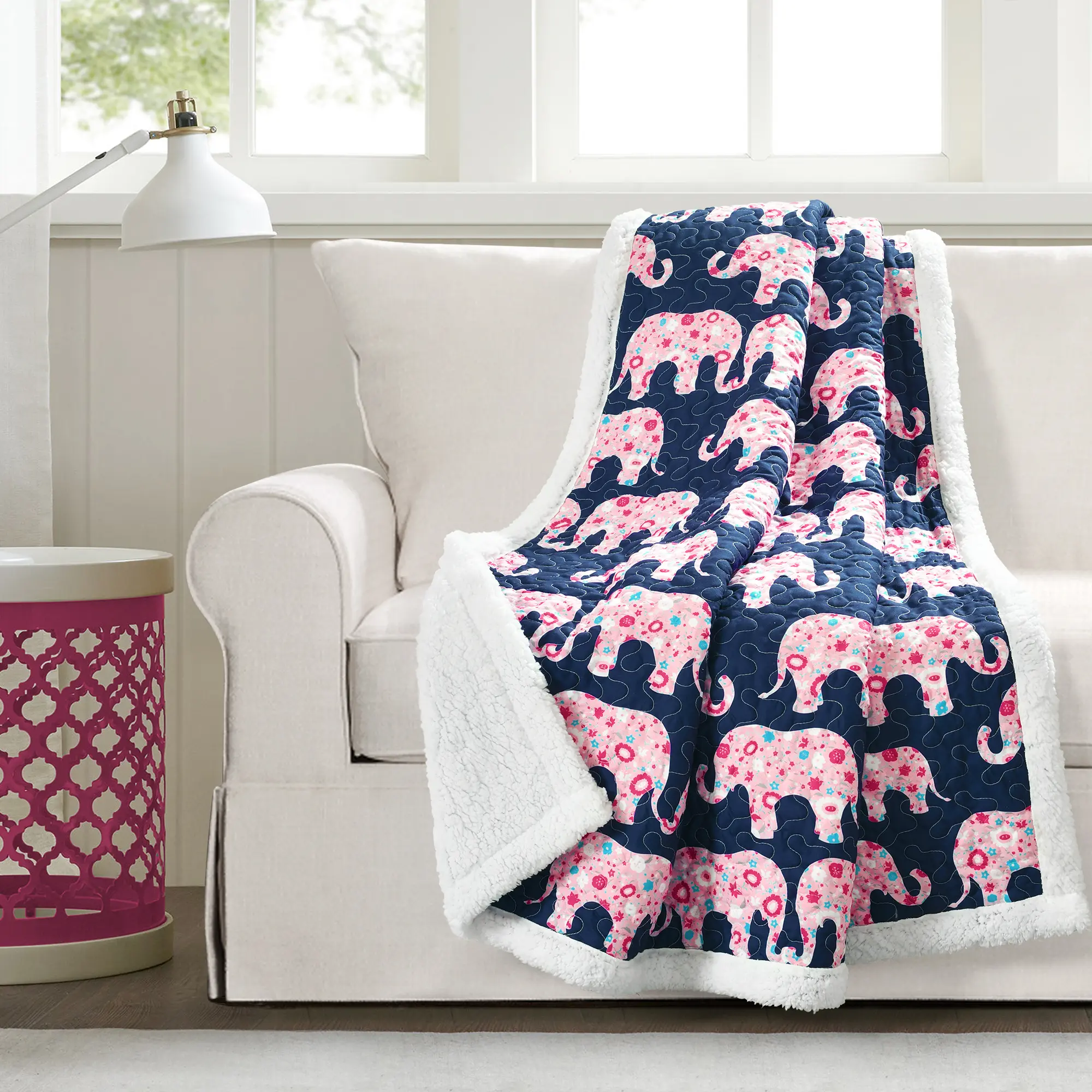 Lush Decor Elephant Parade Sherpa Fluffy Fleece Throw, 60"x50" Cozy Cartoon Cute Animal Home Decor, Bedroom Bedding Blanket for Living Room, Bedroom Bedding Blankets, Cozy Cartoon Blanket