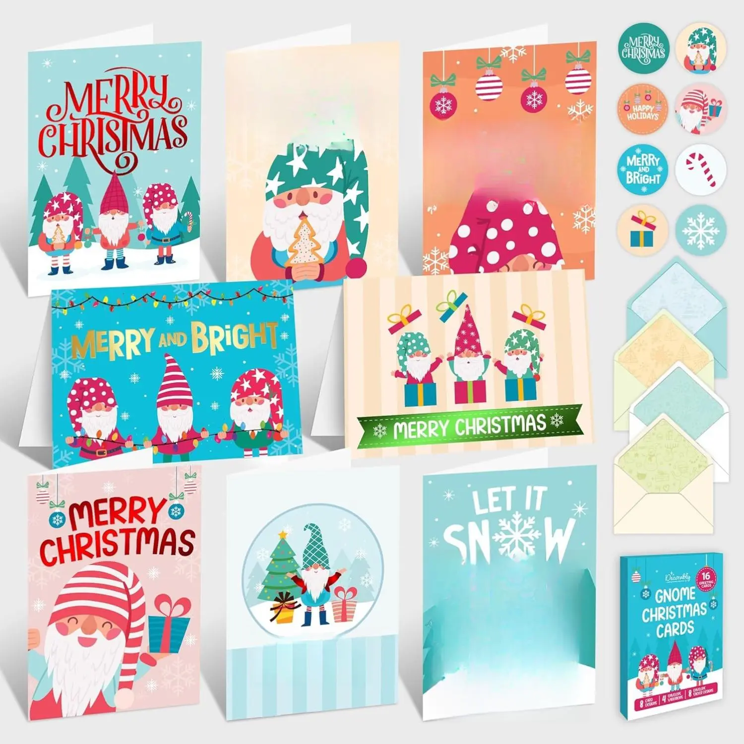 Gnome Christmas Cards (16-Pack, 5x7in Foiled 300gsm Paper) - Office Stationery with Envelopes, Stickers, 8 Whimsical Designs, Printed Messages for Coworkers’ Gnome Christmas Greetings, Foil Accents