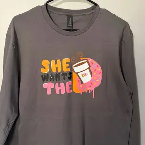 She Wants The Donut Tshirt - Gray Long Sleeve with Fun Design and Comfortable Fit