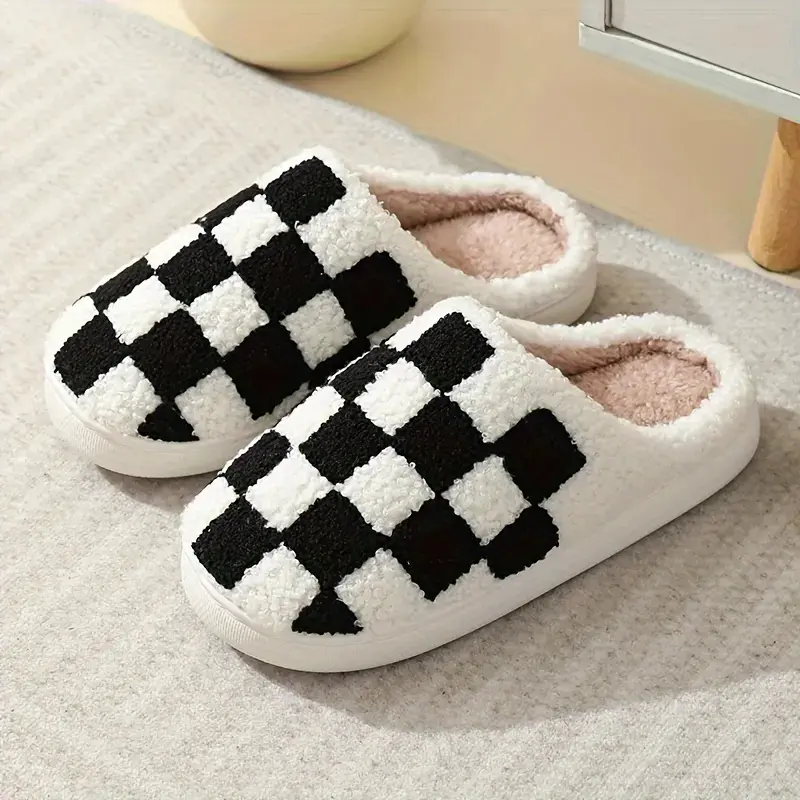 Women's Classic Checkered Cotton Footwear, Fluffy Slip-On Non-Slip Slippers with Memory Foam, Warm Winter Tones Plush Cozy Indoor-Outdoor Shoes for Winter Christmas Gifts (Also Fit Men)