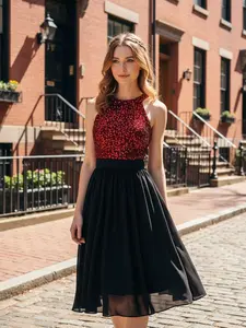 1950s Christmas Gold Glitter Patchwork Dress with Red Sequins and Black Skirt for Festive Occasions Formal Womenswear