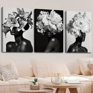 2D 3-Piece Set Scroll Canvas Painting Sexy Style Fashion Floral Plants Black and White Art Portrait of Black American Woman Perfect Gift for Him/Her Decor Print Hanging Ornaments Room Decoration UV Resistant Non Toxic