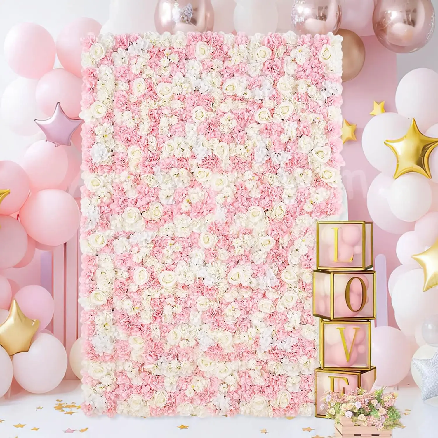Pink&White Flower Wall Backdrop 24 Panels-15 x 15 Inches Artificial Flower Wall Panels Silk Rose Flowers for Backdrops Pink&White Artificial Floral Backdrop Walls for Birthday Party Wedding Decor Photo Plastic