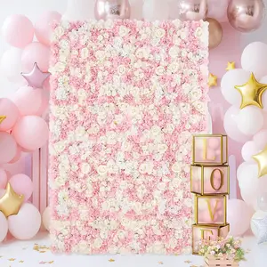 Pink&White Flower Wall Backdrop 24 Panels-15 x 15 Inches Artificial Flower Wall Panels Silk Rose Flowers for Backdrops Pink&White Artificial Floral Backdrop Walls for Birthday Party Wedding Decor