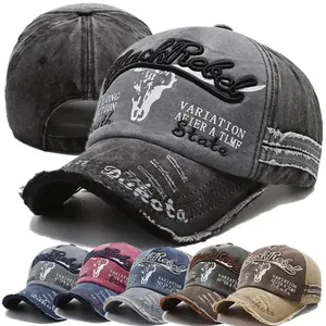 Unisex Washed Cotton Vintage Baseball Cap Letter Embroidery Cow Head Pattern Hat for Men and Women Outdoor Sports Daily Casual Wear