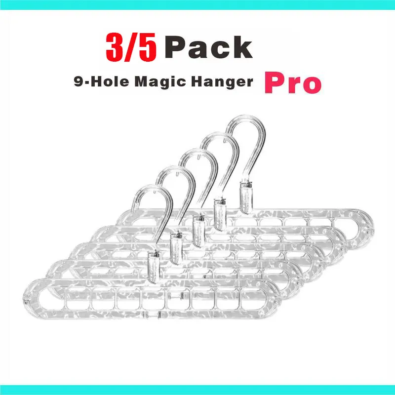 3/5-Pack Heavy-Duty Plastic Coat Hangers for Closet - Sturdy, Foldable, Anti-Slip, Compact, 9-Hole Hanging Closet Organization Home Organizer for Dorm Storage, Anti-Slip Fold